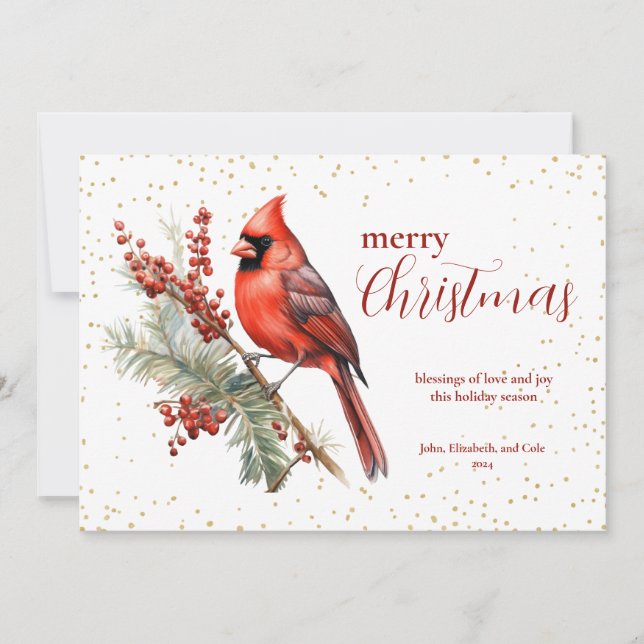 Cartes Pour Fêtes Annuelles Aquarelle rustique Hiver Cardinal Holly Branche (Devant)