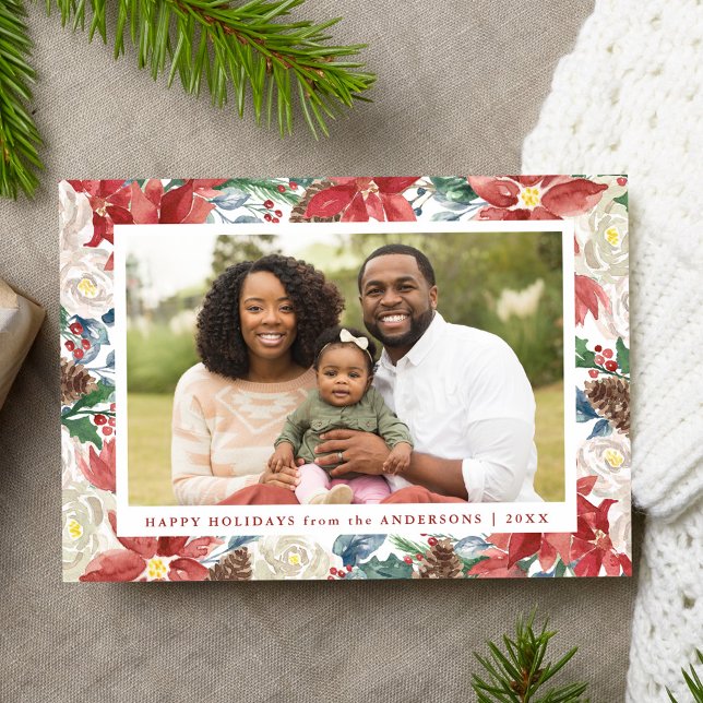 Cartes Pour Fêtes Annuelles Aquarelle rustique Poinsettia photo du cadre (Créateur téléchargé)