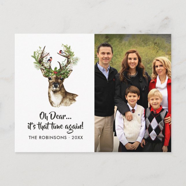 Cartes Pour Fêtes Annuelles Aquarelle Rustique Reindeer Photo de famille de No (Devant)
