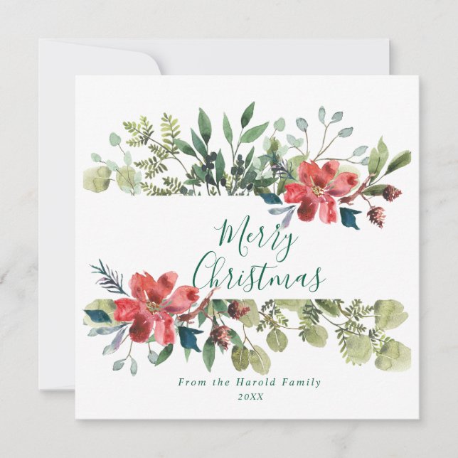 Cartes Pour Fêtes Annuelles Aquarelle rustique Végétation hivernale avec fleur (Devant)