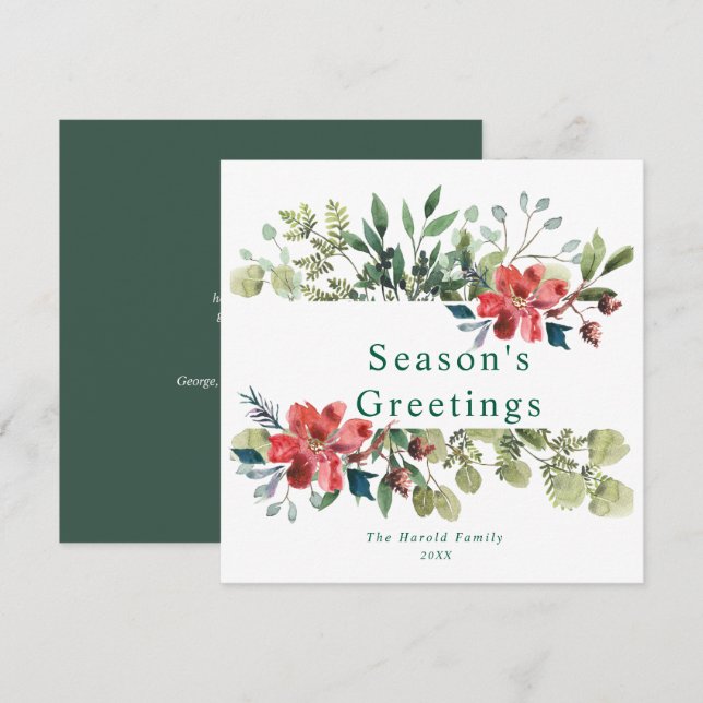 Cartes Pour Fêtes Annuelles Aquarelle rustique Végétation hivernale avec fleur (Devant / Derrière)