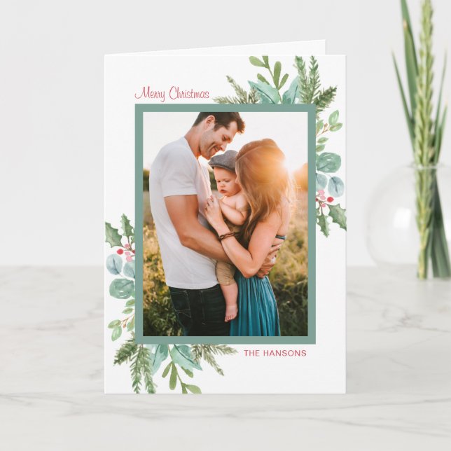 Cartes Pour Fêtes Annuelles Aquarelle rustique Verdure Photo Joyeux Noël (Devant)