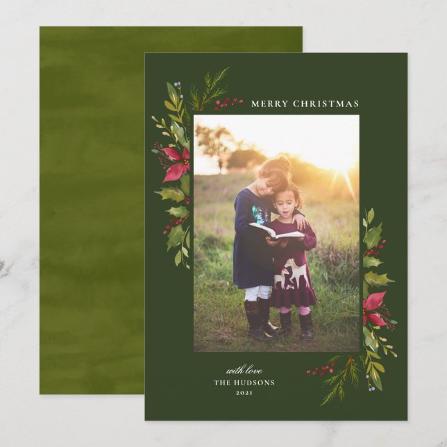 Cartes Pour Fêtes Annuelles Aquarelle rustique vert floral (Devant / Derrière)