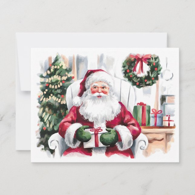 Cartes Pour Fêtes Annuelles Aquarelle Santa Claus avec cadeaux, arbre de Noël (Devant)