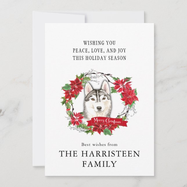 Cartes Pour Fêtes Annuelles Aquarelle sibérienne Husky rouge Poinsettia Wreath (Devant)