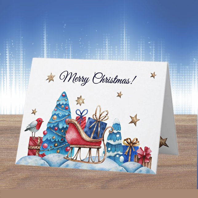 Cartes Pour Fêtes Annuelles Aquarelle Sleigh & Cadeaux Joyeux Noël (Créateur téléchargé)