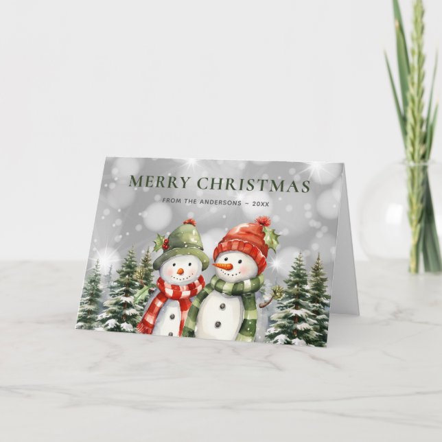 Cartes Pour Fêtes Annuelles Aquarelle Snowman Poinsettia Joyeux Noël (Devant)