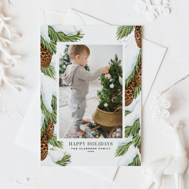 Cartes Pour Fêtes Annuelles Aquarelle Snowy Pinecones Happy Holidays Photo (Créateur téléchargé)