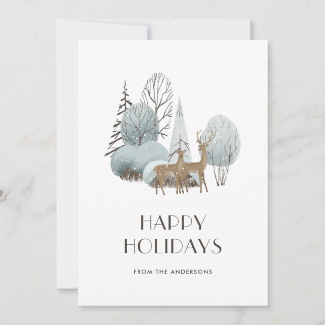 Cartes Pour Fêtes Annuelles Aquarelle Snowy Winter Scene Forêt Cerf (Devant)