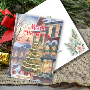Cartes Pour Fêtes Annuelles Aquarelle traditionnelle hiver Arbre de Noël Scène