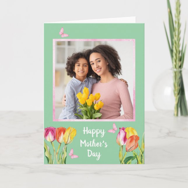 Cartes Pour Fêtes Annuelles Aquarelle Tulipes Papillons Photo Fête des mères (Devant)