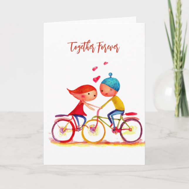 Cartes Pour Fêtes Annuelles Aquarelle Valentine Couple Vélo Coeur Amour (Devant)