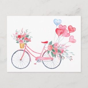Cartes Pour Fêtes Annuelles Aquarelle valentine Vélo rose et Ballons coeur