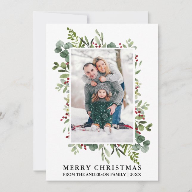Cartes Pour Fêtes Annuelles Aquarelle Végétale d'hiver Berries Photo Noël (Devant)