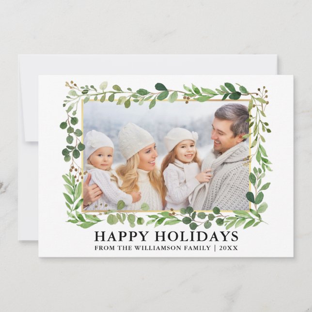 Cartes Pour Fêtes Annuelles Aquarelle Verdure Cadre Or Joyeux Vacances (Devant)