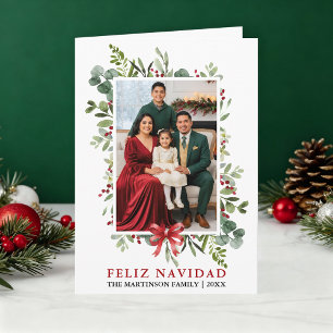 Cartes Pour Fêtes Annuelles Aquarelle Verdure Feliz Navidad Ruban Rouge Plié