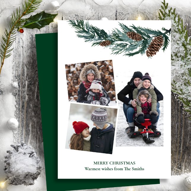 Cartes Pour Fêtes Annuelles Aquarelle Verdure Pin vert rustique Bouton de cône (Créateur téléchargé)