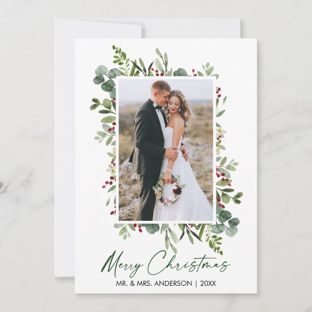 Cartes Pour Fêtes Annuelles Aquarelle Vert Berries Calligraphie Vert Encre (Devant)