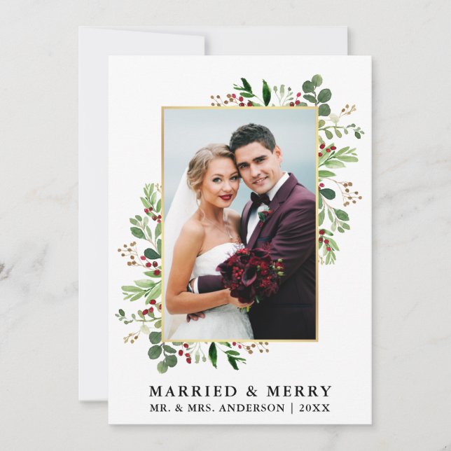 Cartes Pour Fêtes Annuelles Aquarelle Vert Berries Or Marié & Joyeux (Devant)