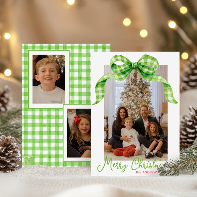 Cartes Pour Fêtes Annuelles Aquarelle Vert En vichy Bow Photo de Noël (Créateur téléchargé)