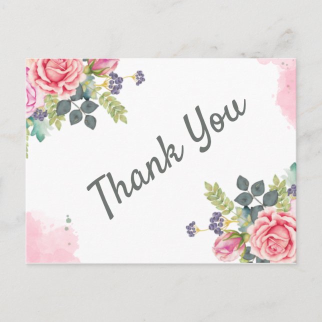 Cartes Pour Fêtes Annuelles Aquarelle Vert Fleurs roses Merci (Devant)