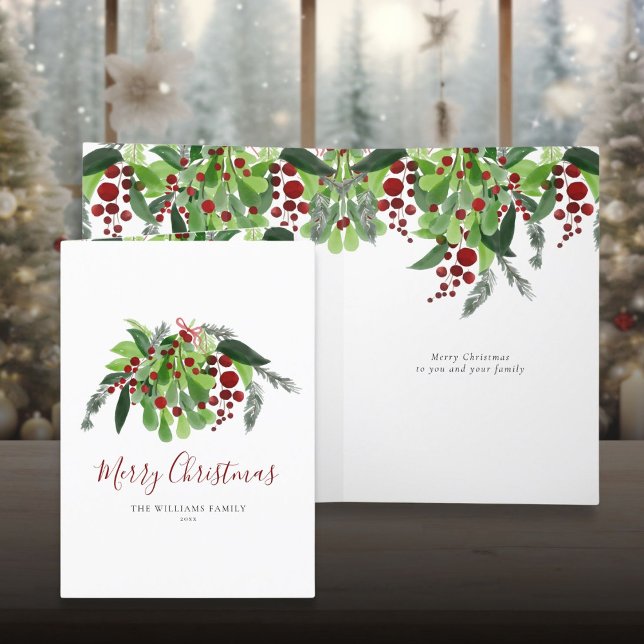 Cartes Pour Fêtes Annuelles Aquarelle verte Baies rouges Noël (Watercolor Greenery Red Berries Christmas Holiday Card)