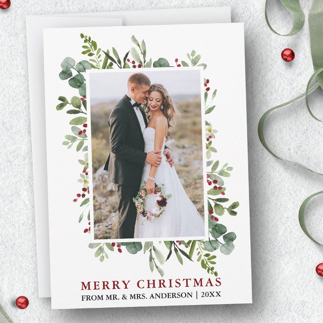Cartes Pour Fêtes Annuelles Aquarelle verte Berries Noël Nouveau marié (Customize to add text to back of card.)