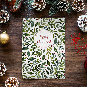 Cartes Pour Fêtes Annuelles Aquarelle verte branches saisonnières et baies