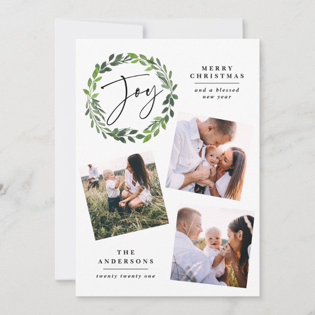 Cartes Pour Fêtes Annuelles Aquarelle verte couronne multi photo script joie (Devant)