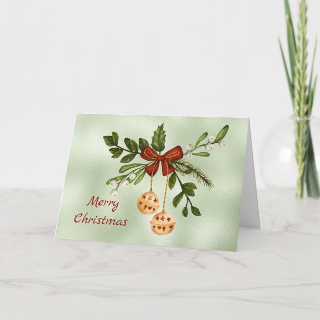Cartes Pour Fêtes Annuelles Aquarelle verte de Noël Gold Baubles (Devant)