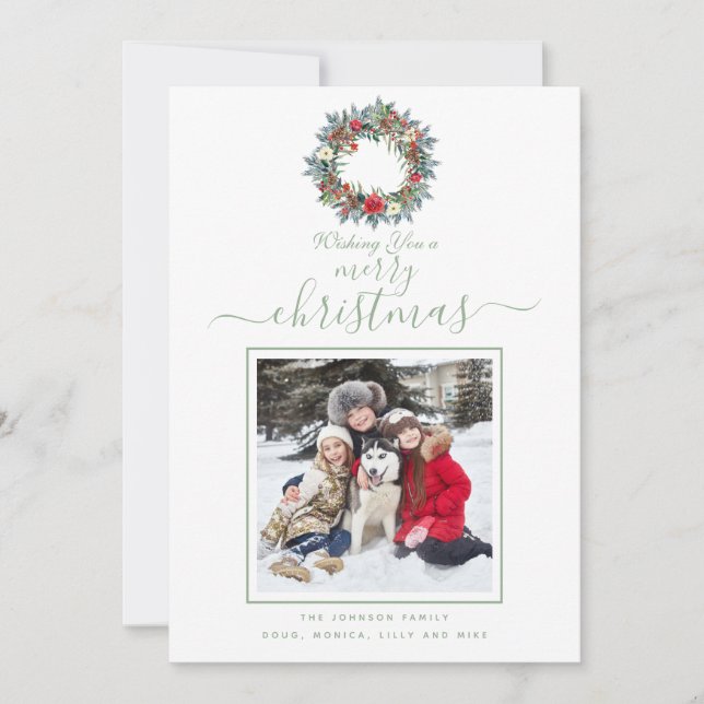 Cartes Pour Fêtes Annuelles Aquarelle verte légère plaid Joyeux Noël Photo (Devant)