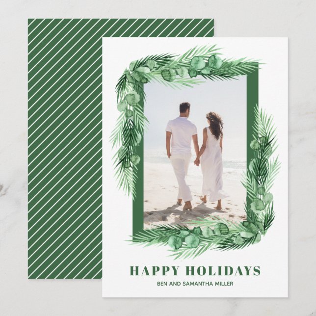 Cartes Pour Fêtes Annuelles Aquarelle verte Photo de Noël (Devant / Derrière)