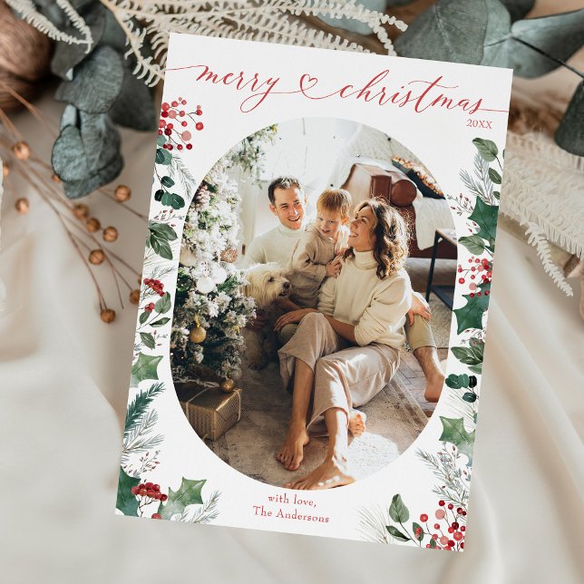 Cartes Pour Fêtes Annuelles Aquarelle verte photo ovale unique Noël (Créateur téléchargé)