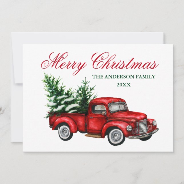Cartes Pour Fêtes Annuelles Aquarelle Vintage Camion Rouge Joyeux Noël (Devant)