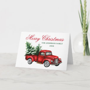 Cartes Pour Fêtes Annuelles Aquarelle Vintage Camion Rouge Joyeux Noël Plier