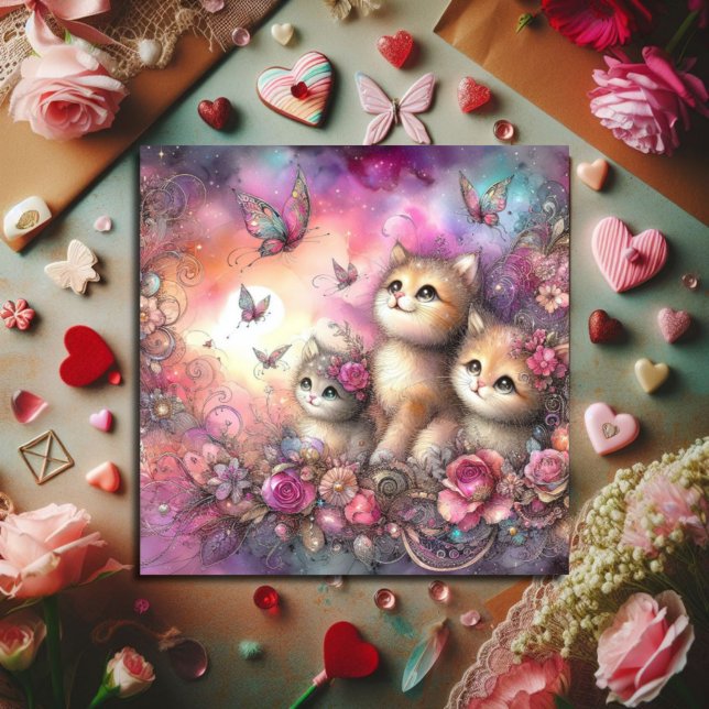 Cartes Pour Fêtes Annuelles Aquarelle violet rose blanc chatons Valentine (Créateur téléchargé)