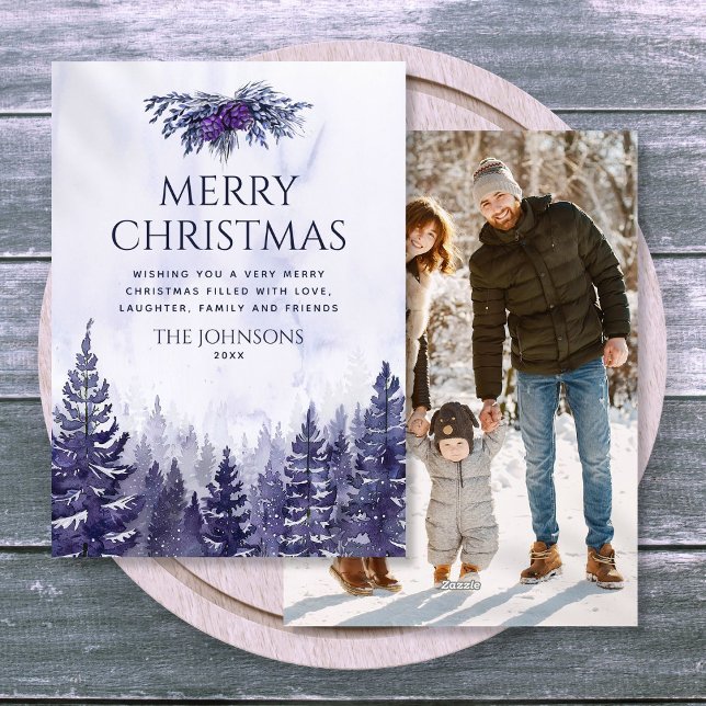 Cartes Pour Fêtes Annuelles Aquarelle violette Pine Tree Forest Photo Noël (Purple Watercolor Pine Tree Forest Photo Christmas Holiday Card
)