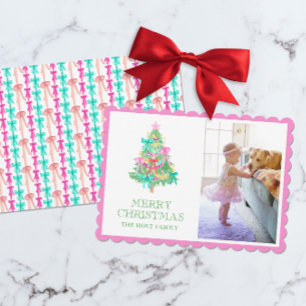 Cartes Pour Fêtes Annuelles Aquarelle Vivid Bow rose Coquette Photo de Noël