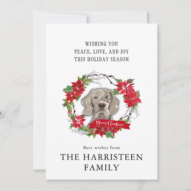 Cartes Pour Fêtes Annuelles Aquarelle Weimaraner Poinsettia Wreath Noël (Devant)