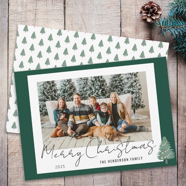 Cartes Pour Fêtes Annuelles Aquarelle Whimsical Festive Arbres de Noël Photo (Modern watercolor tree & lights green & white Christmas photo holiday card Whimsical elegant script)