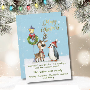 Cartes Pour Fêtes Annuelles Aquarelle Whimsical Reinder Penguin Noël