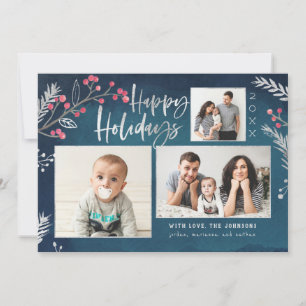 Cartes Pour Fêtes Annuelles Aquarelle Winterberries Silver Foil Pine