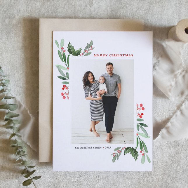 Cartes Pour Fêtes Annuelles Aquarelle Winterberry et Holly Photo Noël (Watercolor Winterberry and Holly Photo Christmas Holiday Card)