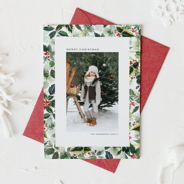 Cartes Pour Fêtes Annuelles Aquarelle Winterberry Varié Feuille Noël (Botanical photo Christmas card featuring watercolor holly greenery.)