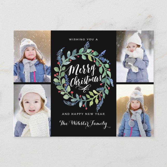 Cartes Pour Fêtes Annuelles Aquarelle Wire 4 Photo Noël Noir (Devant)
