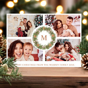 Cartes Pour Fêtes Annuelles Aquarelle Wreath 4 Photo Collage Monogramme rayé