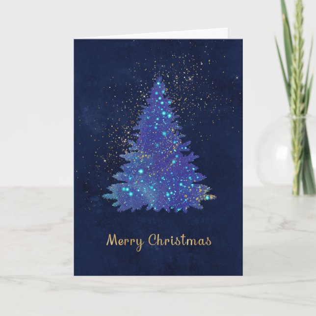 Cartes Pour Fêtes Annuelles Arbre à pin bleu Noël Aquarelle (Devant)