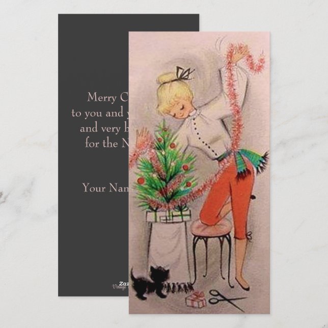 Cartes Pour Fêtes Annuelles Arbre d'ajustement de Noël Retro Girl Custom (Devant / Derrière)
