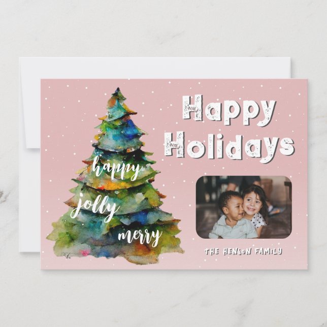 Cartes Pour Fêtes Annuelles Arbre de Noël Aquarelle de neige rose (Devant)