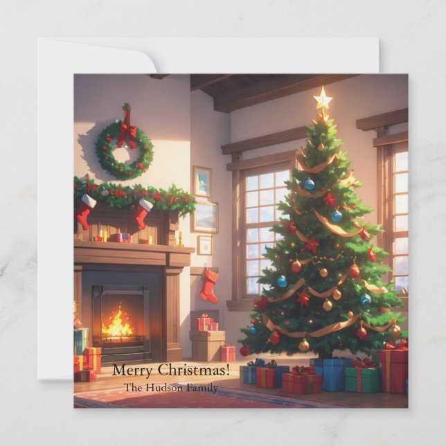 Cartes Pour Fêtes Annuelles Arbre de Noël avec cadeaux et cheminée (Devant)